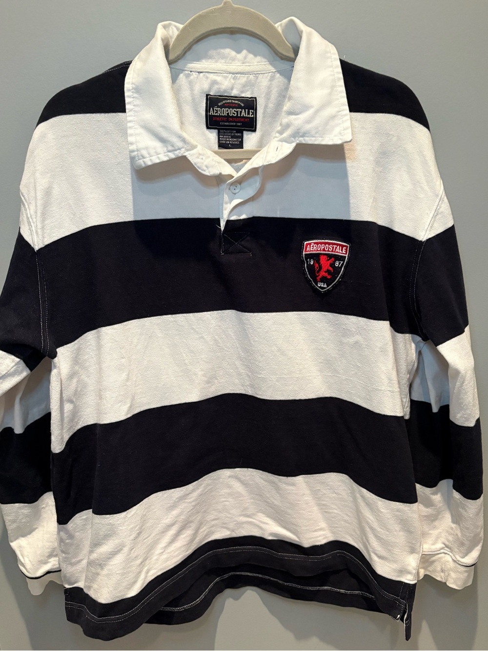 Mens Rugby Shirt Large Black White Striped Preppy Blokecore Long Sleeve Polo